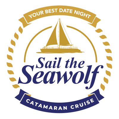 Logo with sailboat, 'Sail the Seawolf', 'Your Best Date Night', 'Catamaran Cruise' text in circular design.
